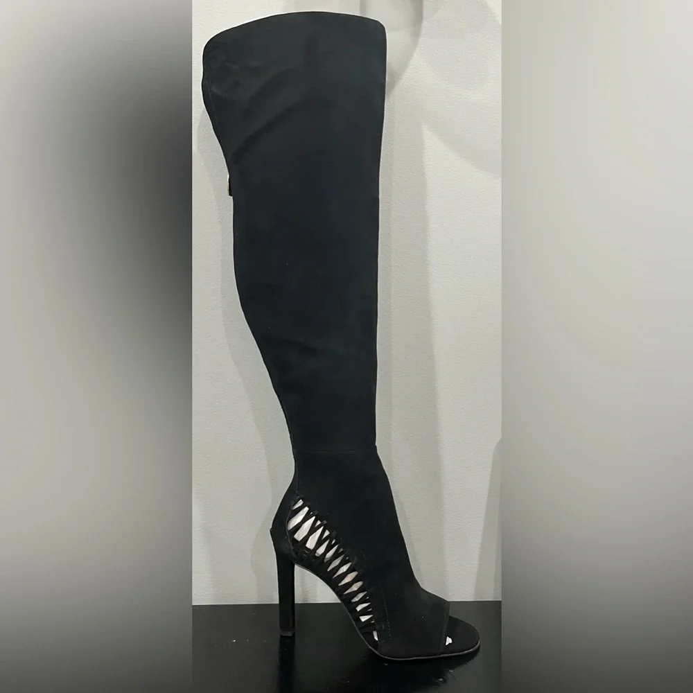 NIB VINCE CAMUTO Shassa Black Suede Open Toe Over-The-Knee Stiletto Heel Boots